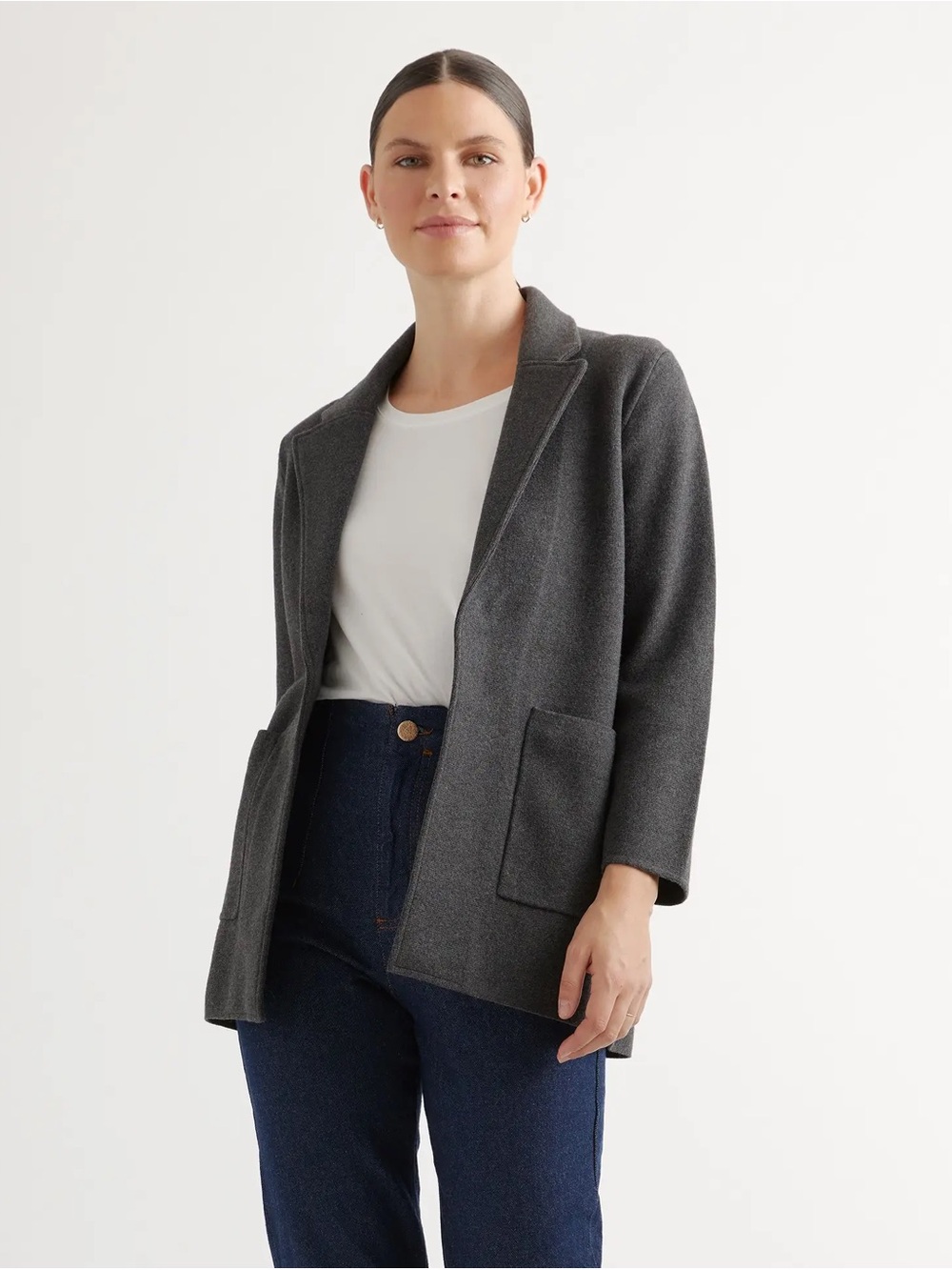 Quince Organic Cotton Knit Blazer in Charcoal M